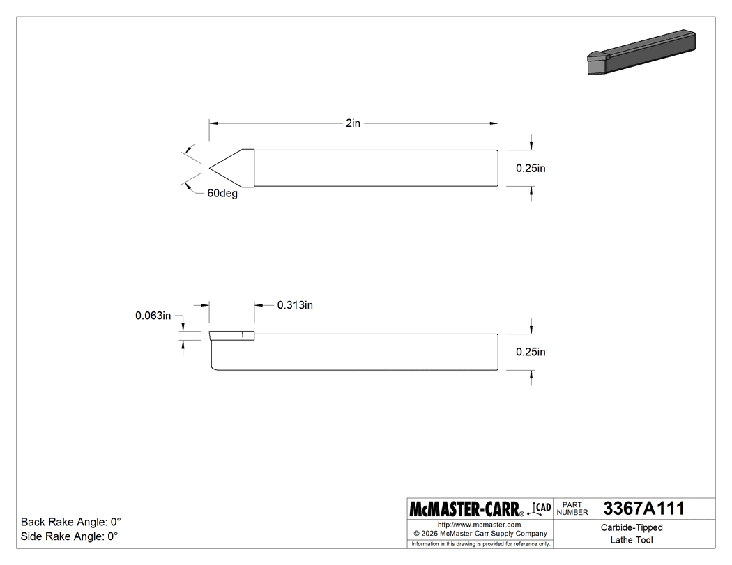 Technical Drawing of Carbide-Tipped Lathe Tool, Neutral, C5 Carbide, E-4 Tool Bit Code, 1/4" Square Shank.